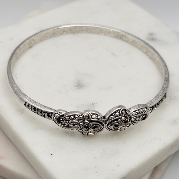 Sterling Silver Bangle Bracelet with Intricate Marcasite Detailing Unsigned - Picture 4 of 16
